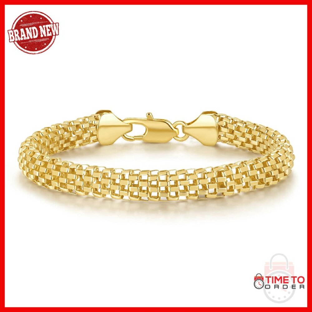 14k Gold Plated Mesh Chain Bracelet 8mm Chunky Non-Tarnish 4 Sizes